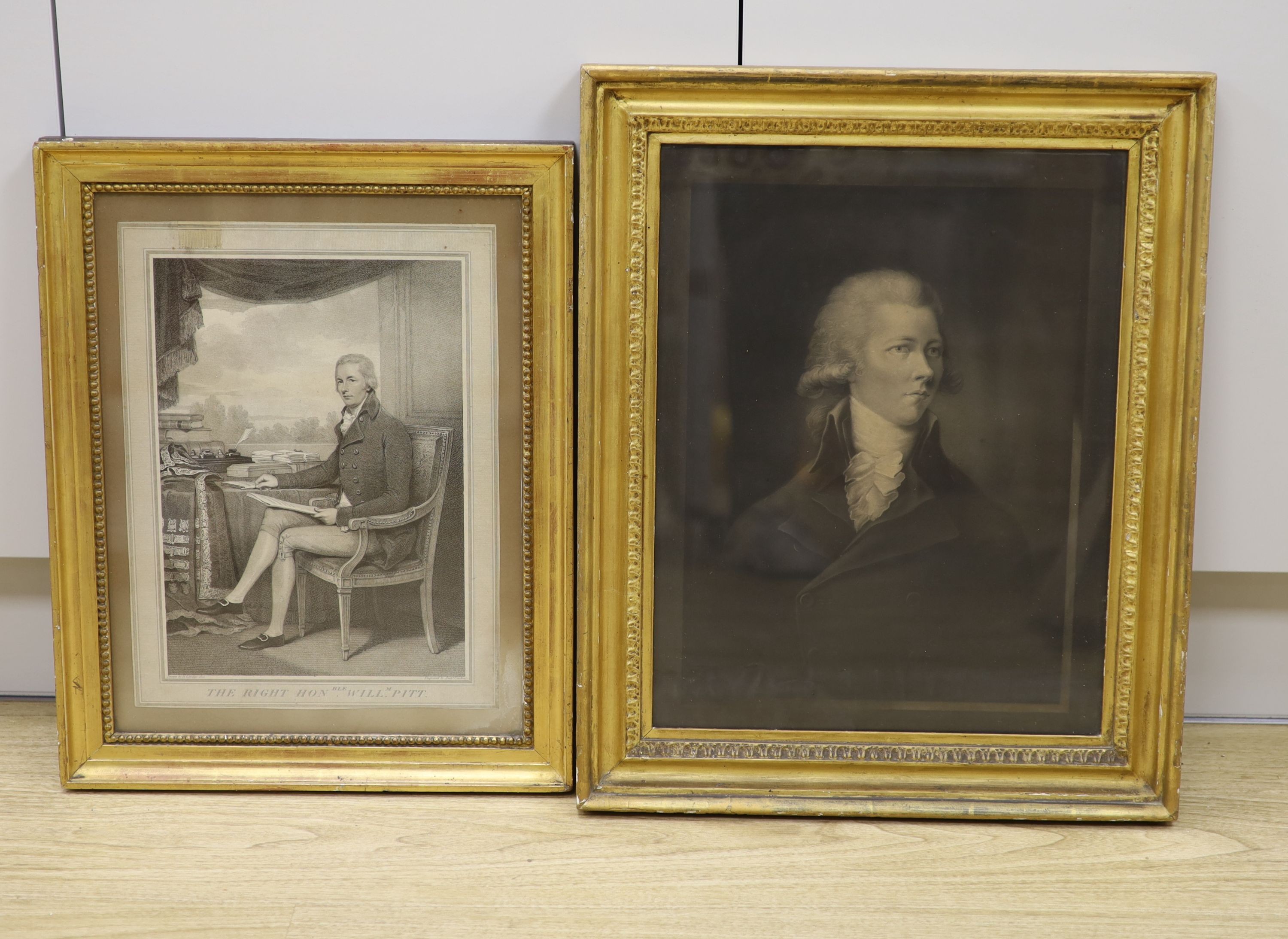 Carson after Eridge, mezzotint, portrait of William Pitt, 1801, 37 x 28cm. and another similar print, 45 x 34cm.